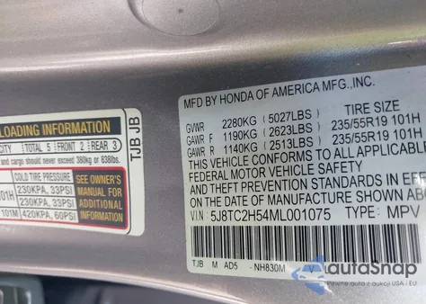 2021 Acura Rdx Technology Package z USA, uszkodzony, nr VIN 5J8TC2H54ML001075